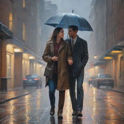 A man and a woman are caught in the rain, the light around them warm and inviting. The scene is rendered in the style of an oil painting, with each raindrop captured in sharp detail.