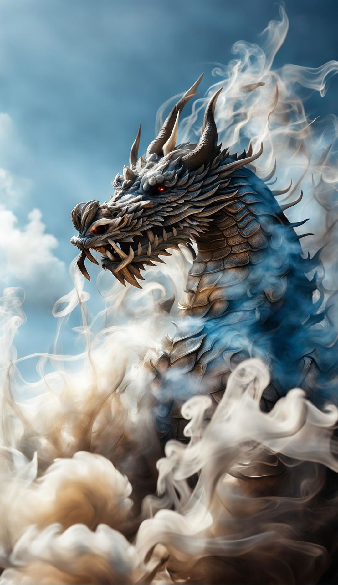 A smoke-formed dragon captured in an HD unfiltered photograph against a clear blue sky.