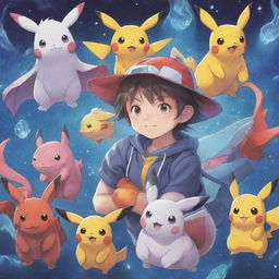 Illustrate a vibrant and energetic cover for a fantastical anime series, subtly inspired by Pokémon but with unique artistic elements and distinct characters.