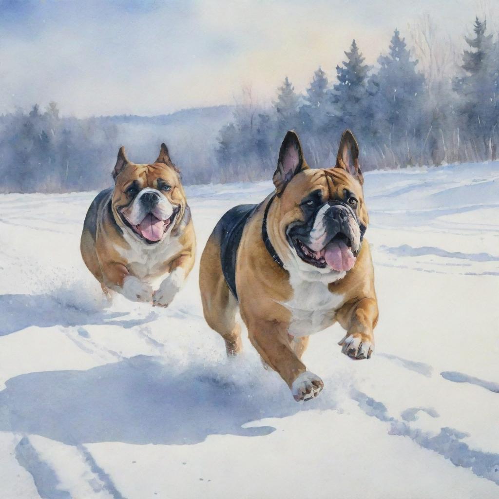 A watercolor painting depicting a Bulldog and a German Shepherd racing each other over a snowy landscape.