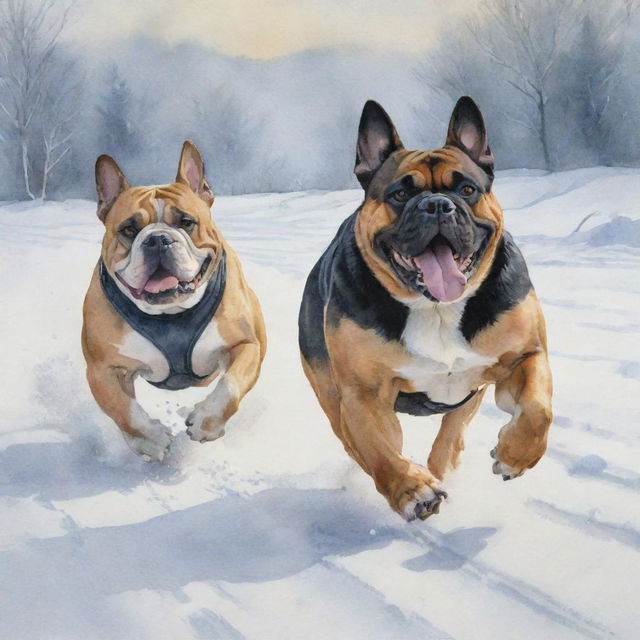 A watercolor painting depicting a Bulldog and a German Shepherd racing each other over a snowy landscape.