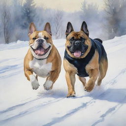 A watercolor painting depicting a Bulldog and a German Shepherd racing each other over a snowy landscape.