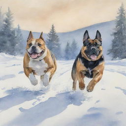 A watercolor painting depicting a Bulldog and a German Shepherd racing each other over a snowy landscape.