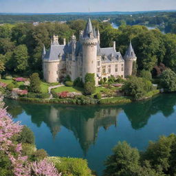 A grand castle surrounded by a lush, blooming garden with a clear, sparkling body of water nearby.