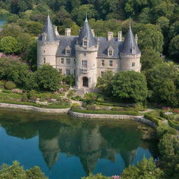 A grand castle surrounded by a lush, blooming garden with a clear, sparkling body of water nearby.