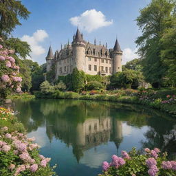 A grand castle surrounded by a lush, blooming garden with a clear, sparkling body of water nearby.