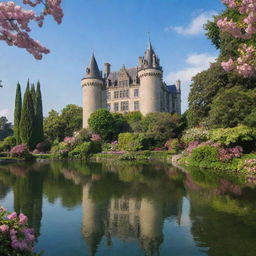 A grand castle surrounded by a lush, blooming garden with a clear, sparkling body of water nearby.