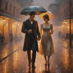 An impressionistic oil painting of a man and a woman from the 1800s, both soaked in the rain under warm glowing lights, with raindrops falling all around them.