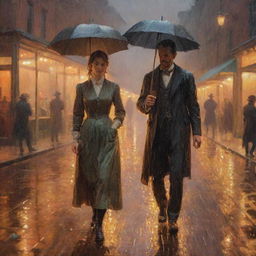 An impressionistic oil painting of a man and a woman from the 1800s, both soaked in the rain under warm glowing lights, with raindrops falling all around them.