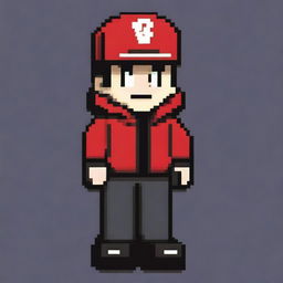 A pixel art illustration of a classic 8-bit character, reminiscent of the nostalgic Pokémon games