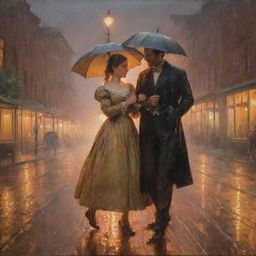 An impressionistic oil painting of a man and a woman from the 1800s, both soaked in the rain under warm glowing lights, with raindrops falling all around them.