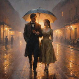 An impressionistic oil painting of a man and a woman from the 1800s, both soaked in the rain under warm glowing lights, with raindrops falling all around them.