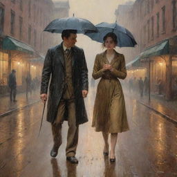 An oil painting set in the 1800s of a man and a woman drenched in rain without an umbrella. Warm light surrounds them as raindrops are falling.