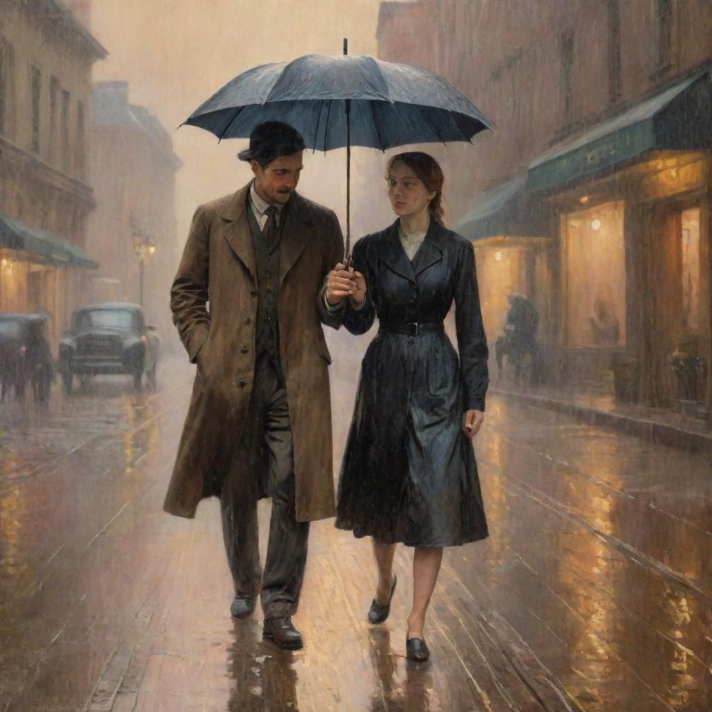 An oil painting set in the 1800s of a man and a woman drenched in rain without an umbrella. Warm light surrounds them as raindrops are falling.