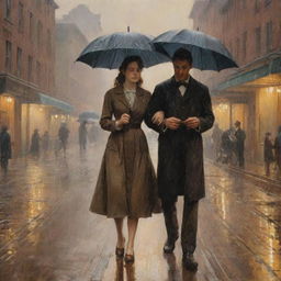 An oil painting set in the 1800s of a man and a woman drenched in rain without an umbrella. Warm light surrounds them as raindrops are falling.