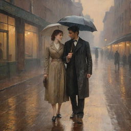 An oil painting set in the 1800s of a man and a woman drenched in rain without an umbrella. Warm light surrounds them as raindrops are falling.