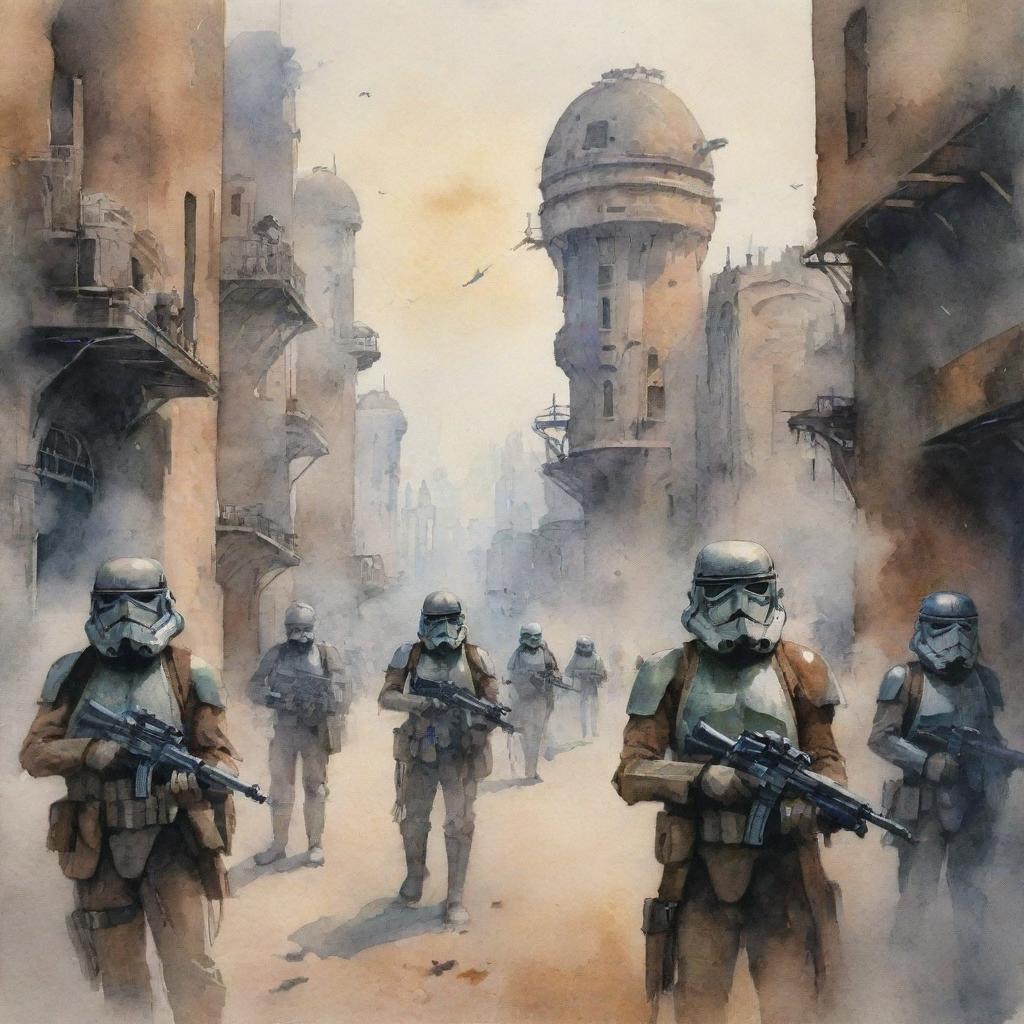 A watercolor painting exploration of an aged, deteriorated, and smoky city by small Imperial Star Wars soldiers. Soldiers are profiled lower in the frame, creating a grand scope of their surroundings while their weapons lay idle.