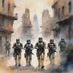 A watercolor painting exploration of an aged, deteriorated, and smoky city by small Imperial Star Wars soldiers. Soldiers are profiled lower in the frame, creating a grand scope of their surroundings while their weapons lay idle.