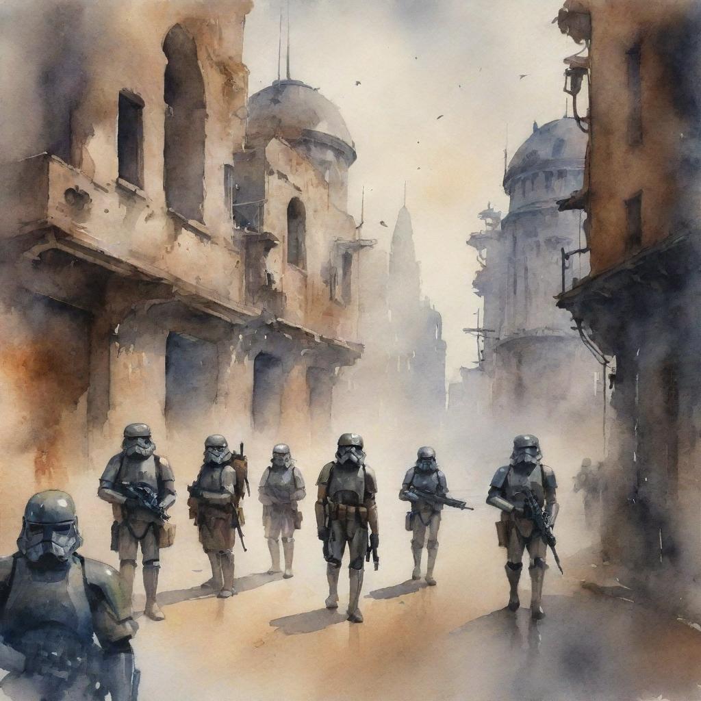 A watercolor painting exploration of an aged, deteriorated, and smoky city by small Imperial Star Wars soldiers. Soldiers are profiled lower in the frame, creating a grand scope of their surroundings while their weapons lay idle.