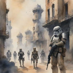 A watercolor painting exploration of an aged, deteriorated, and smoky city by small Imperial Star Wars soldiers. Soldiers are profiled lower in the frame, creating a grand scope of their surroundings while their weapons lay idle.