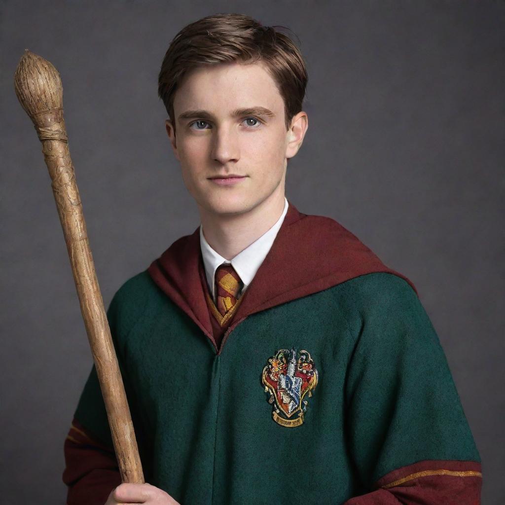 A stylish portrait of Oliver Wood, a character from Harry Potter, wearing his Quidditch uniform, holding a broom.