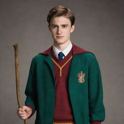 A stylish portrait of Oliver Wood, a character from Harry Potter, wearing his Quidditch uniform, holding a broom.