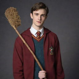 A stylish portrait of Oliver Wood, a character from Harry Potter, wearing his Quidditch uniform, holding a broom.