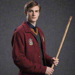 A stylish portrait of Oliver Wood, a character from Harry Potter, wearing his Quidditch uniform, holding a broom.