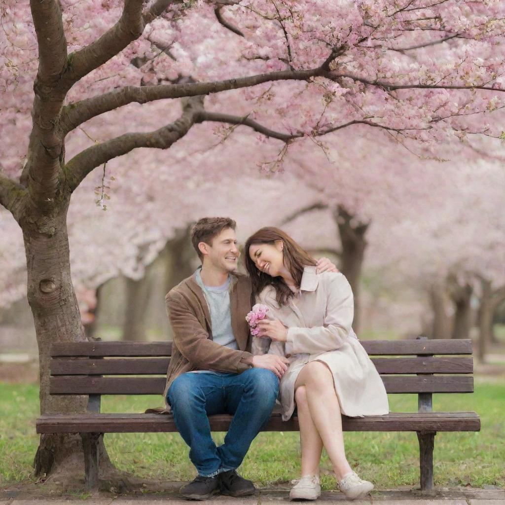 A cute and happy couple sitting closely on a park bench under a cherry blossom tree, their hands entwined as they smile at each other