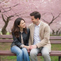 A cute and happy couple sitting closely on a park bench under a cherry blossom tree, their hands entwined as they smile at each other