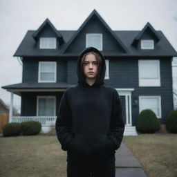 A girl dressed in black attire, including a hoodie, standing ominously in front of a house that emanates palpable sense of dread and foreboding, demanding a shudder from those who gaze upon it for a while.