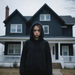 A girl dressed in black attire, including a hoodie, standing ominously in front of a house that emanates palpable sense of dread and foreboding, demanding a shudder from those who gaze upon it for a while.