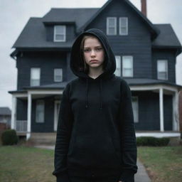 A girl dressed in black attire, including a hoodie, standing ominously in front of a house that emanates palpable sense of dread and foreboding, demanding a shudder from those who gaze upon it for a while.