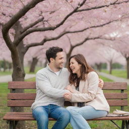 A cute and happy couple sitting closely on a park bench under a cherry blossom tree, their hands entwined as they smile at each other