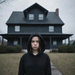 A girl dressed in black attire, including a hoodie, standing ominously in front of a house that emanates palpable sense of dread and foreboding, demanding a shudder from those who gaze upon it for a while.