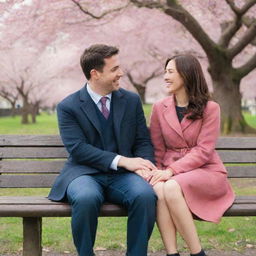 A cute and happy couple sitting closely on a park bench under a cherry blossom tree, their hands entwined as they smile at each other