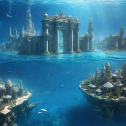 A captivating view of Atlantis city, submerged beneath shimmering, crystalline blue waters, with futuristic, magnificent architecture glimmering in the aquatic light.