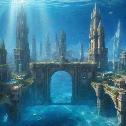 A captivating view of Atlantis city, submerged beneath shimmering, crystalline blue waters, with futuristic, magnificent architecture glimmering in the aquatic light.