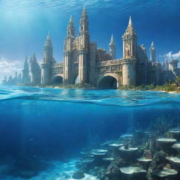 A captivating view of Atlantis city, submerged beneath shimmering, crystalline blue waters, with futuristic, magnificent architecture glimmering in the aquatic light.