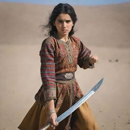 A beautiful Afghani girl in traditional attire, exuding confidence and strength, holding a sword, poised in mid-action.