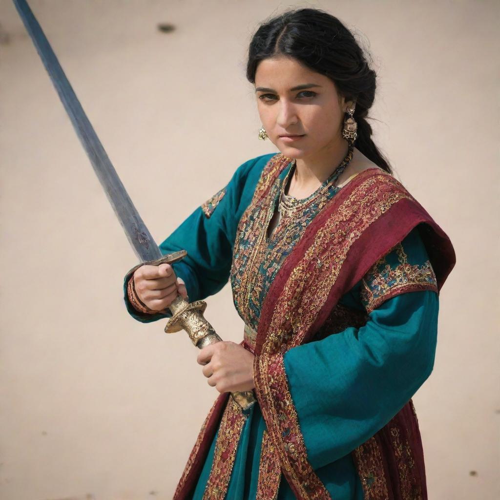 A beautiful Afghani girl in traditional attire, exuding confidence and strength, holding a sword, poised in mid-action.