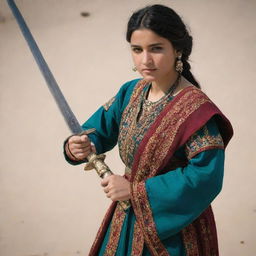 A beautiful Afghani girl in traditional attire, exuding confidence and strength, holding a sword, poised in mid-action.