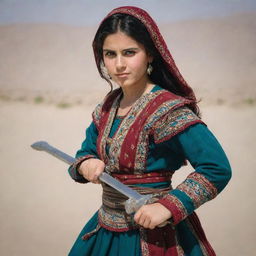 A beautiful Afghani girl in traditional attire, exuding confidence and strength, holding a sword, poised in mid-action.