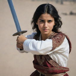 A beautiful Afghani girl in traditional attire, exuding confidence and strength, holding a sword, poised in mid-action.