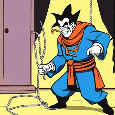 In the cartoon, the villain tried to strangulate the protagonist by wrapping a rope around his neck.