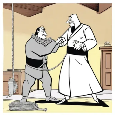 In the cartoon, the villain tried to strangulate the protagonist by wrapping a rope around his neck.