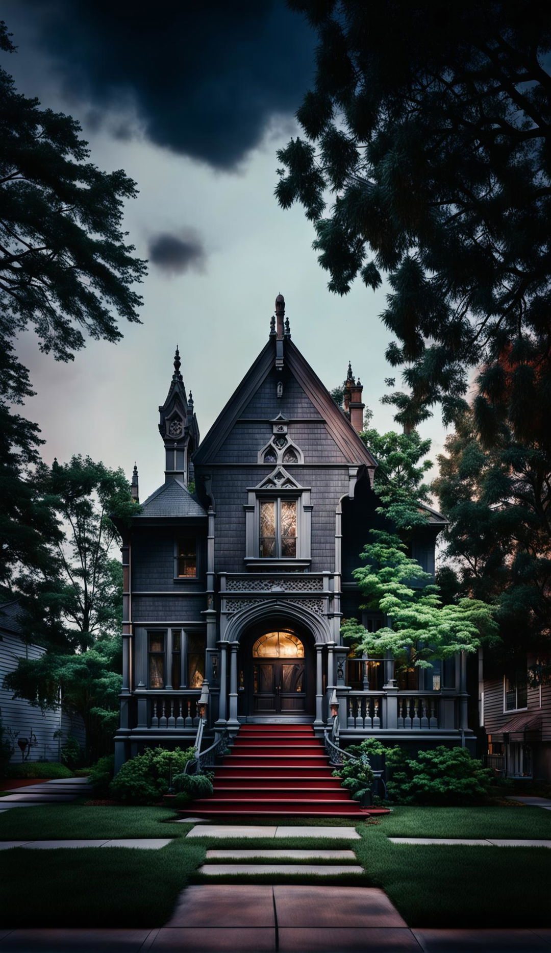 A Gothic Revival style house in suburbia captured in a 32k resolution architectural photograph with long exposure background and soft lighting.