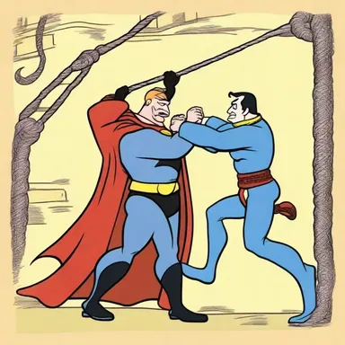 In the cartoon, the villain tried to strangulate the hero with a rope, but the hero managed to escape just in time.