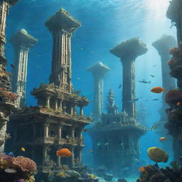 A sunlit, underwater cityscape embodying the mythical city of Atlantis, with grand futuristic structures, dazzling bioluminescent corals, and sea creatures gliding between the buildings.