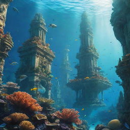 A sunlit, underwater cityscape embodying the mythical city of Atlantis, with grand futuristic structures, dazzling bioluminescent corals, and sea creatures gliding between the buildings.